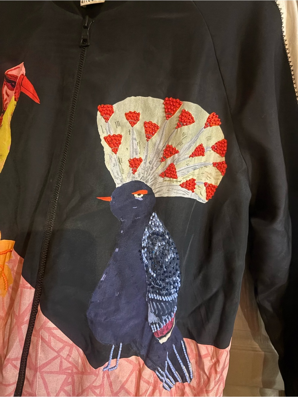 Alice + Olivia Black Bomber Jacket with Multicolor Bird Embroidery - Picture 5 of 6